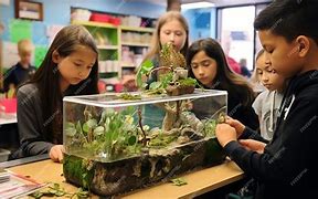 Students examining an aquaponics tank